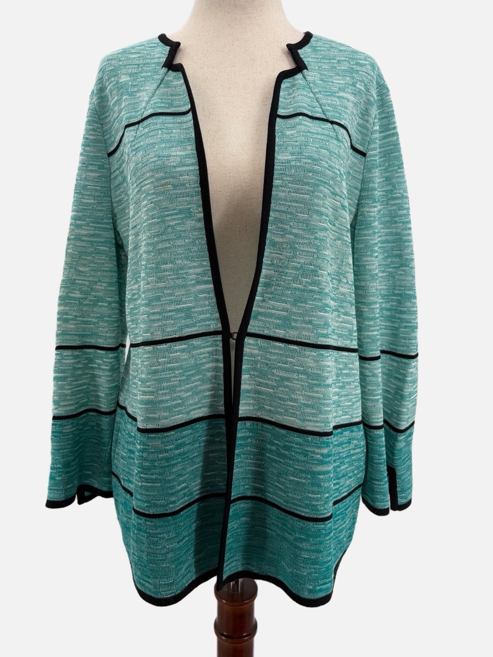 Misook Open Front Textured Knit Jacket Cardigan Teal Black Trim Size Small
